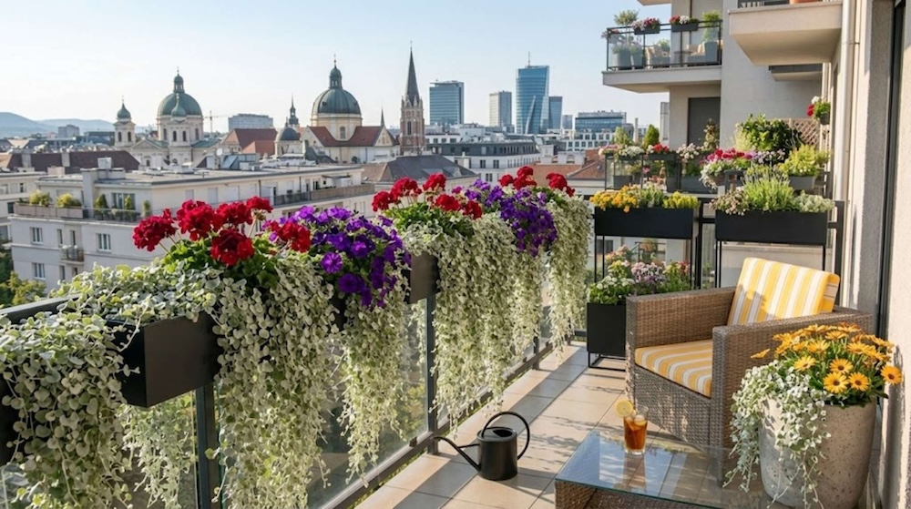 dichondra srebrzysta na balustradzie z kwiatami dichondra srebrzysta w doniczkach z kwiatami