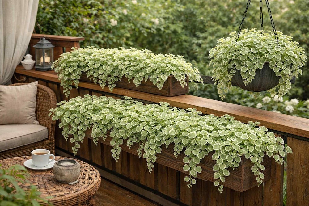 balkon z komarzycą w donicach komarzyca balkonowa