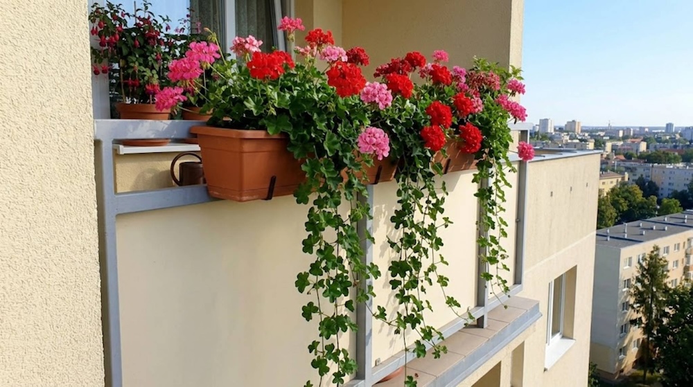 kwiaty balkonowe zwisające pelargonie czerwono-różowe kwiaty balkonowe zwisające - pelargonia bluszczolistna