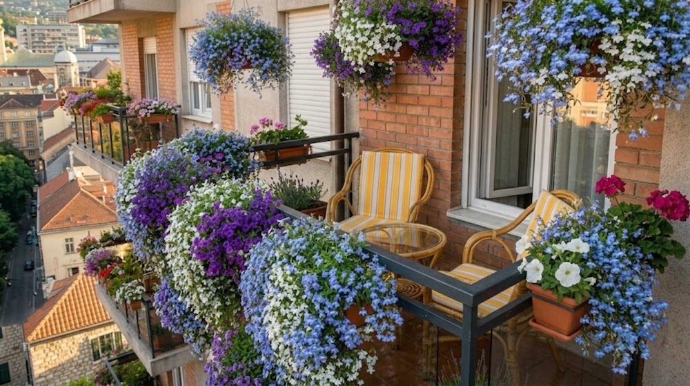 lobelia w doniczkach na balkonie zwisająca odmiana lobelii na balkonie
