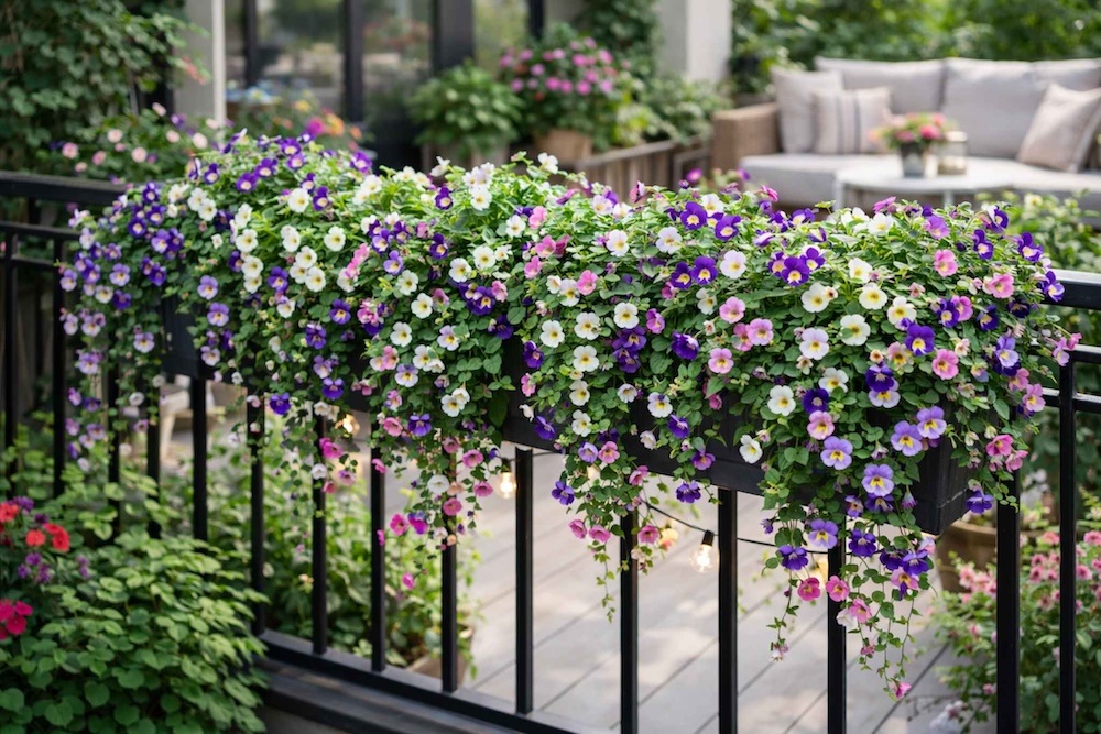 fioletowo-biała torenia na balkonie zwisająca torenia na balkonie