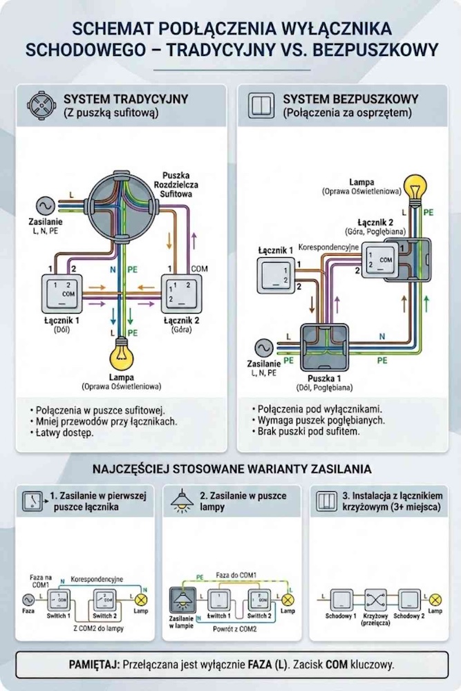 jak podłączyć wyłącznik schodowy bezpuszkowy lub tradycyjny 