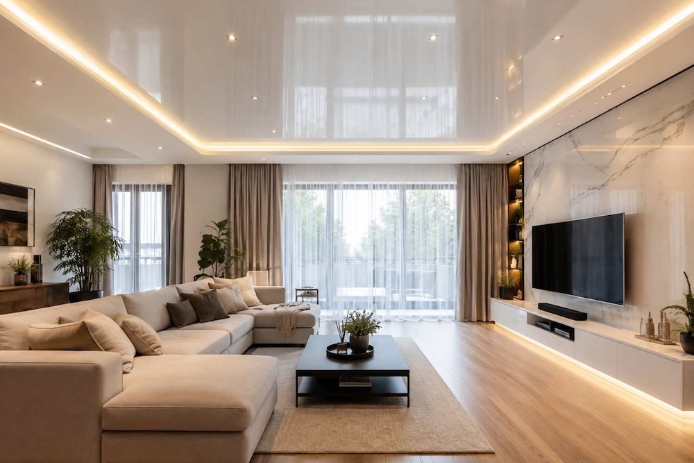 sufit-napinany-w-salonie-elegancki sufit napinany w salonie z połyskiem