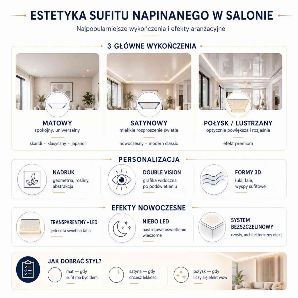 sufit-napinany-w-salonie-rodzaje-wykonczen sufit napinany w salonie - estetyka wykończeń