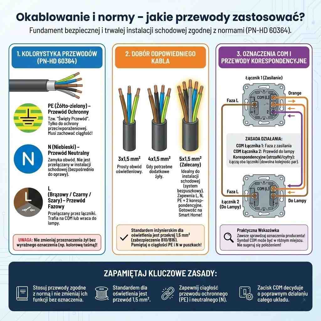 przewody do użycia przy montażu wyłącznika schodowego 