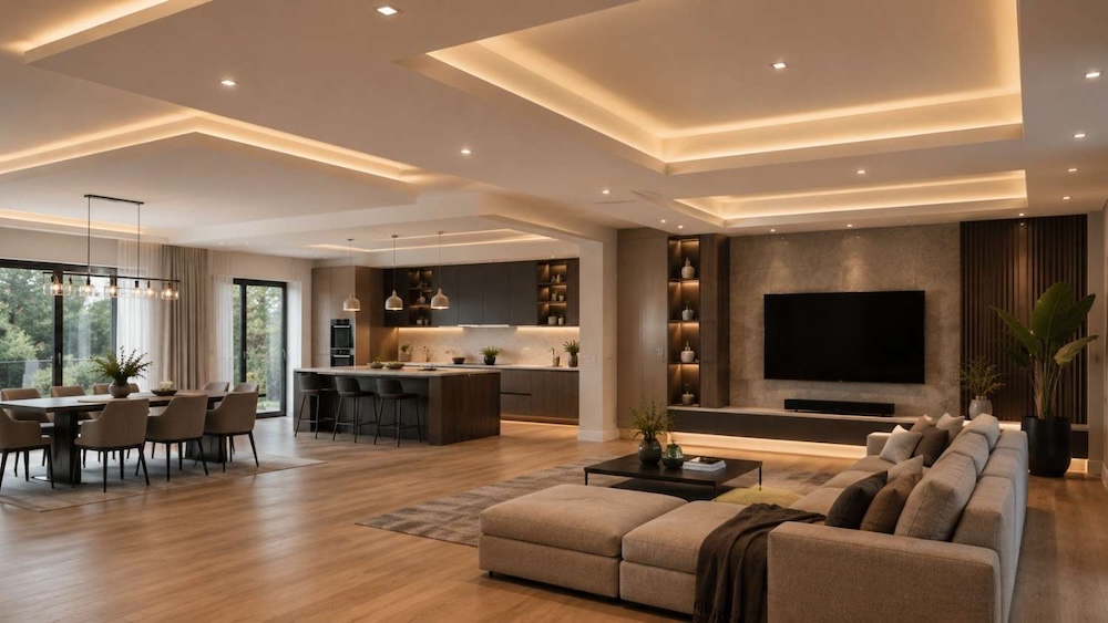 sufit-wielopoziomowy-w-salonie sufit podwieszany wielopoziomowy z lampami led