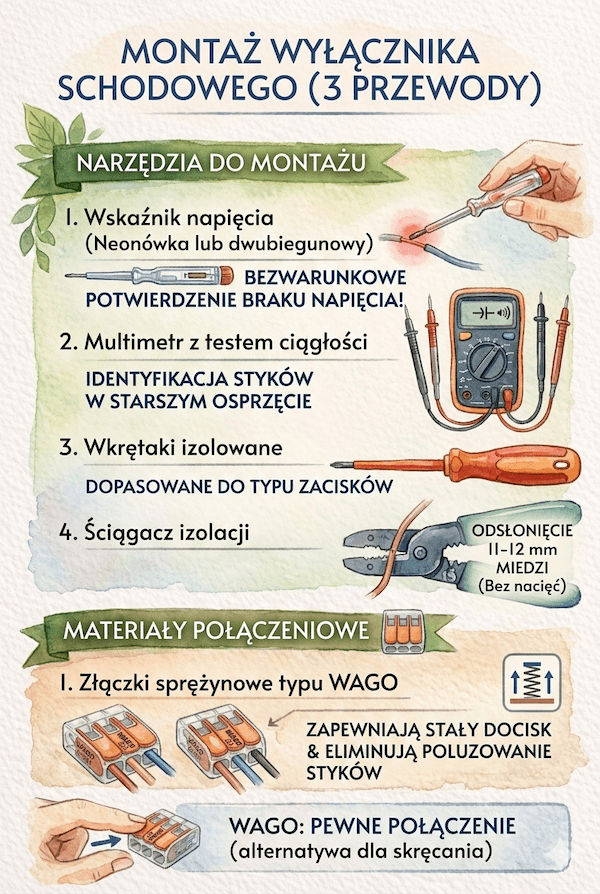 materiały połączeniowe do 3 przewodów w wyłączniku schodowym niezbędne narzędzia do montażu wyłącznika schodowego