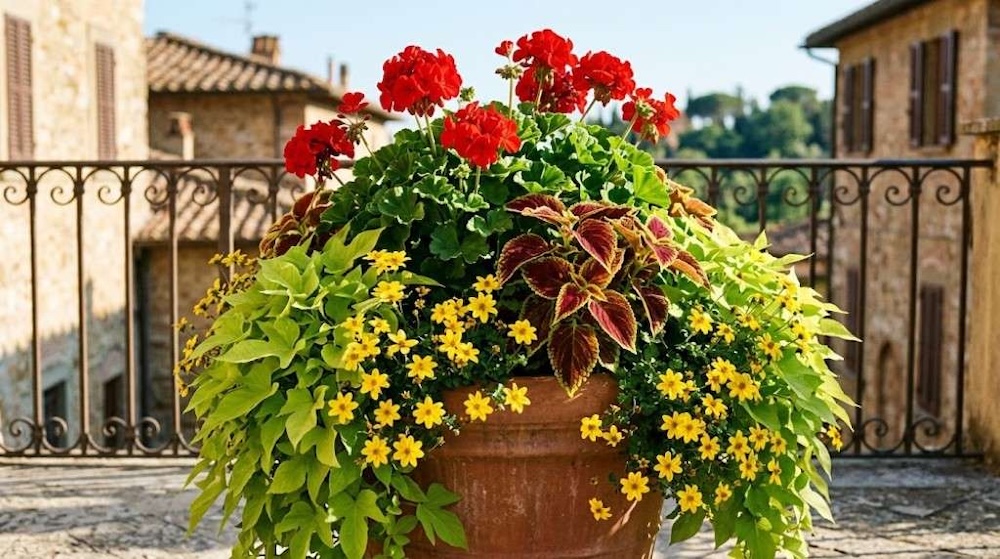 jaskrawa-kompozycja-z-pelargonia żywa i kolorowa kompozycja z pelargonią