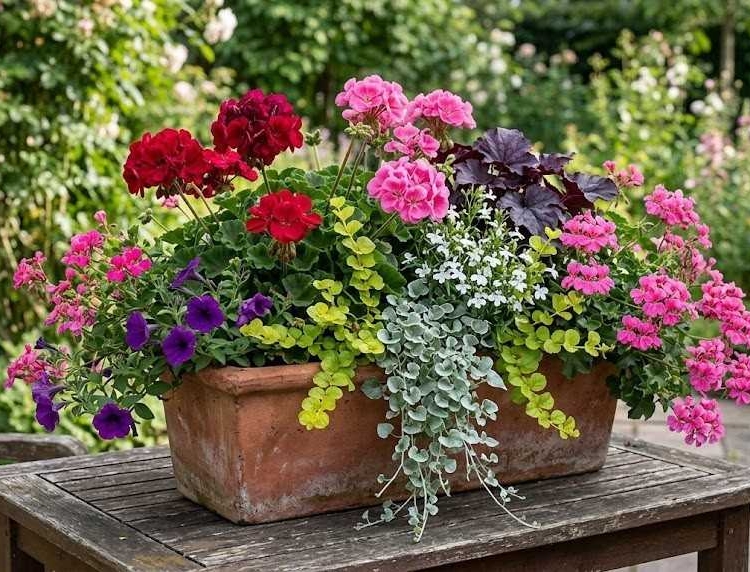 Kompozycje z pelargonii w donicach – 14 pomysłów