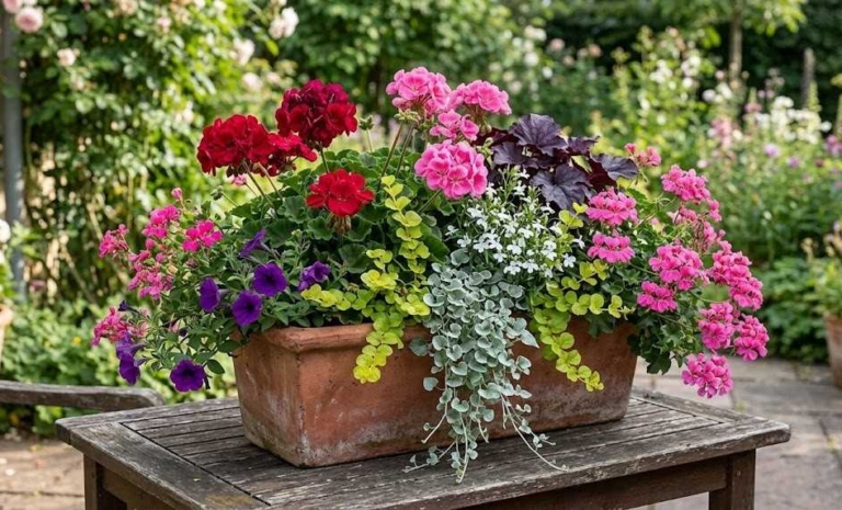 Kompozycje z pelargonii w donicach – 14 pomysłów