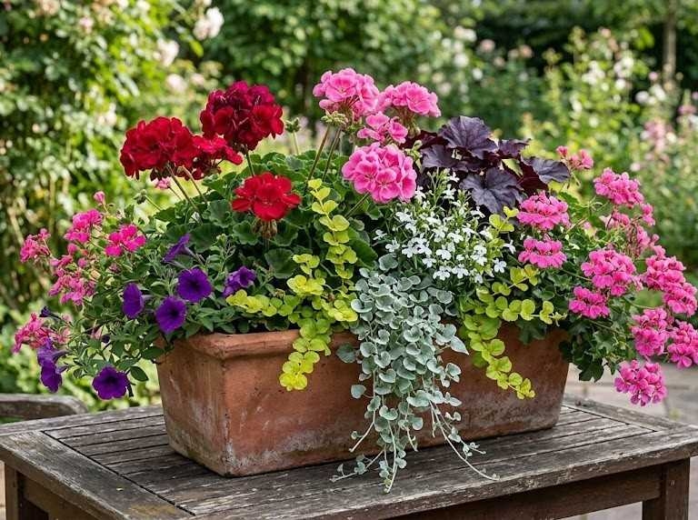 Kompozycje z pelargonii w donicach – 14 pomysłów