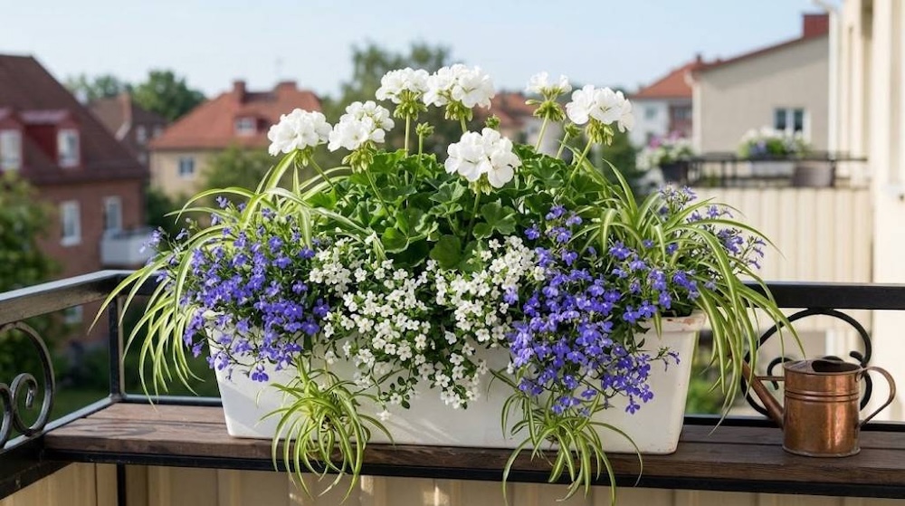 kompozycje-z-pelargonii-w-donicach-bialych kompozycje z pelargonii w doniach z białymi kwiatami