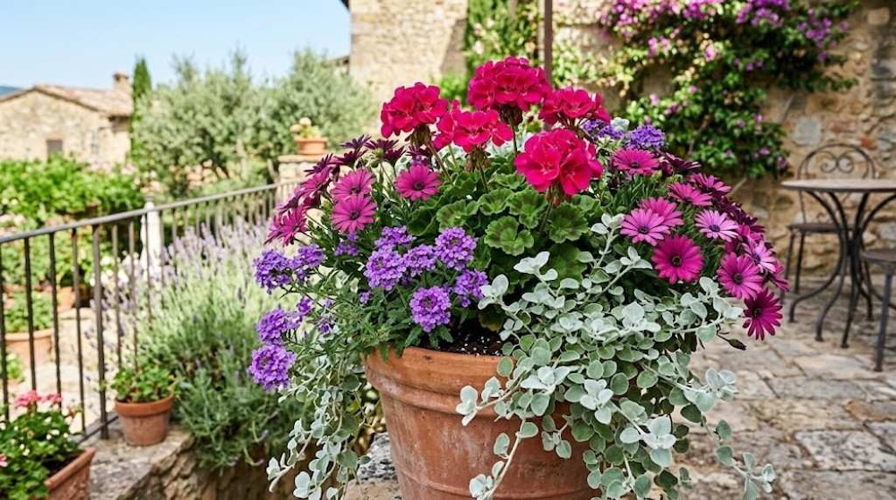 kompozycje-z-pelargonii-w-donicach-ciemnorozowe kompozycje z pelargonii w donicach - róż i fiolet