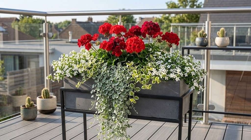 kompozycje-z-pelargonii-w-donicach-nowoczesne kompozycje z pelargonii w donicach na balkon