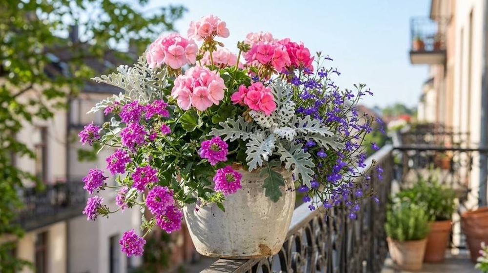 kompozycje-z-pelargonii-w-donicach-rozowe kompozycje z pelargonii w donicach w odcieniach różu