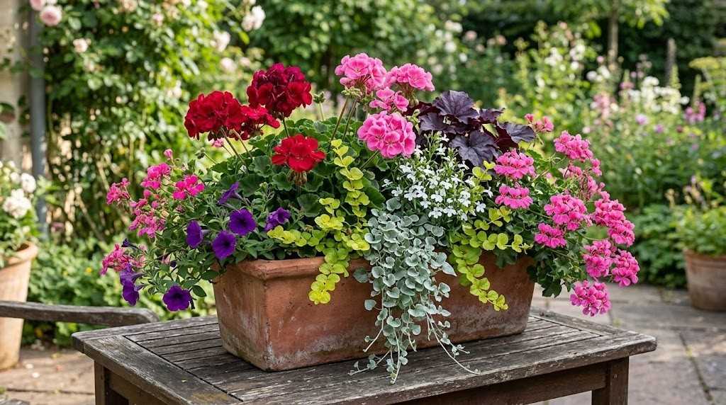 Kompozycje z pelargonii w donicach – 14 pomysłów