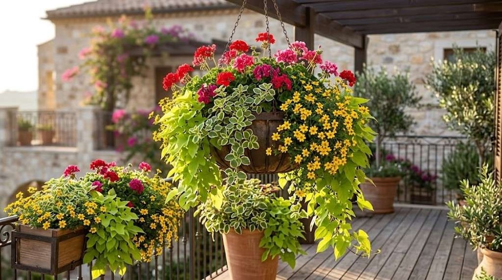 kompzycje-z-pelargonii-w-donicach-wiszace kompozycje z pelargonii w doniach kolorowe