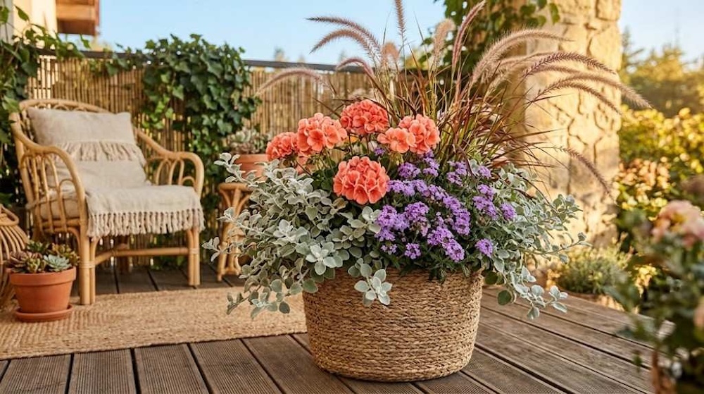 lososiowa-pelargonia-w-kompozycji-boho kompozycja kwiatowa boho z pelargonią