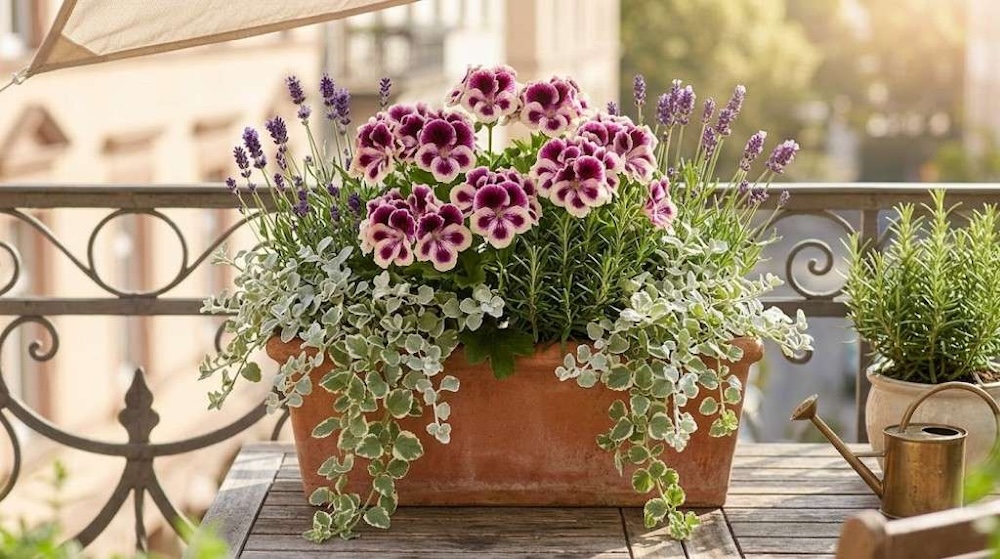 pelargonia-angielska-z-zielonymi-roslinami kompozycja z pelargonią angielską