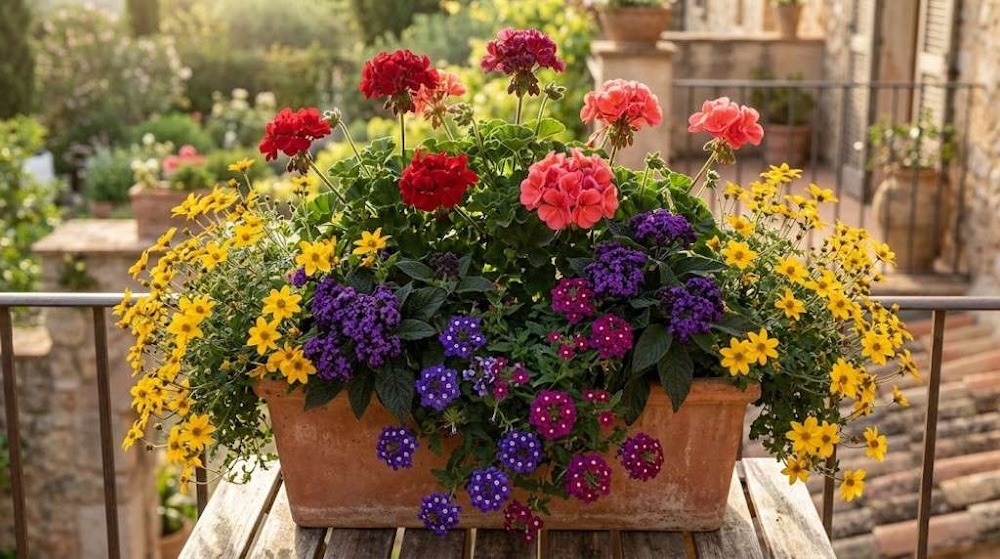 pelargonia-i-kolorowe-kwiaty-towarzyszace kolorowa kompozycja kwiatowa w donicy