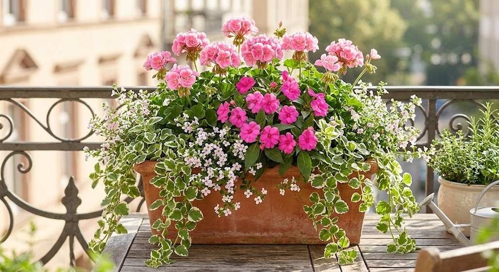 rozowa-kompozycja-z-pelargonia romantyczna różowa kompozycja kwiatowa
