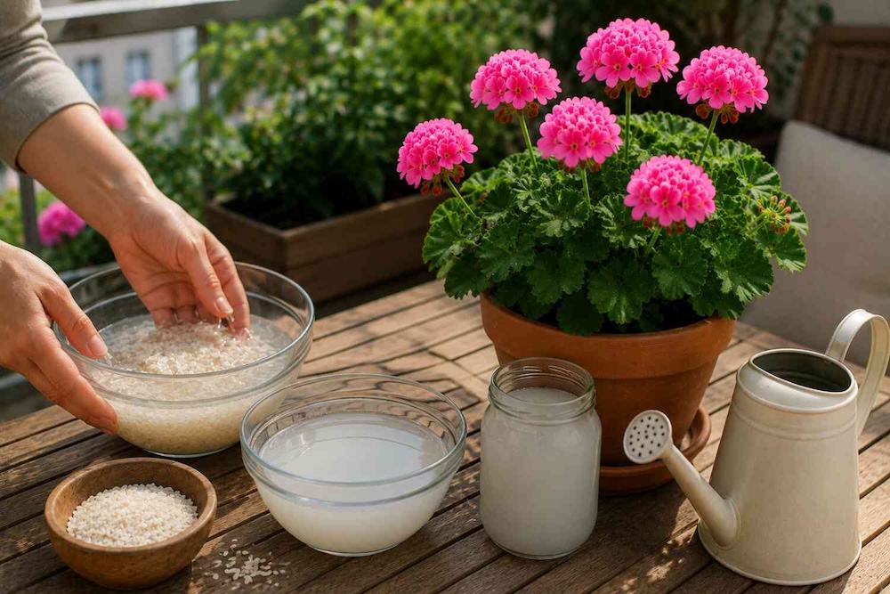 woda-z-plukania-ryzu-do-pelargonii woda z ryżu do nawożenia pelargonii