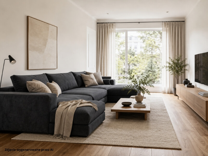 marengo – kolor sofy w nowoczesnym salonie ciemna sofa marengo w jasnym salonie z naturalnym drewnem