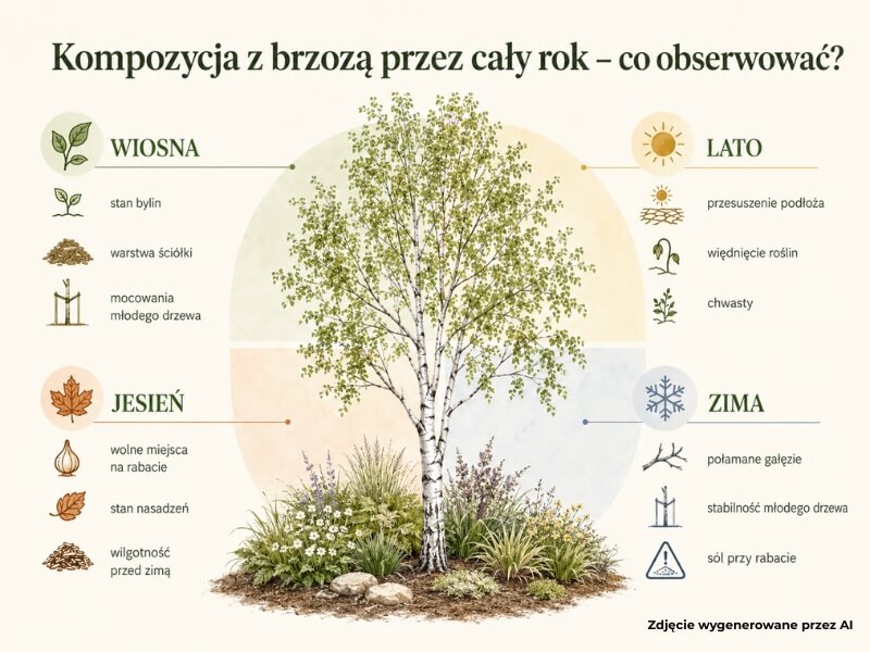 kompozycje brzozy w ogrodzie – pielęgnacja przez cały rok kalendarz pielęgnacji kompozycji z brzozą przez cztery pory roku