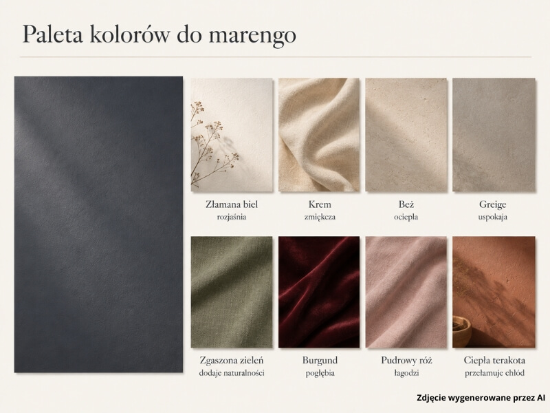marengo – kolor zestawiony z bielą kremem beżem zielenią burgundem różem i terakotą paleta kolorów pasujących do marengo